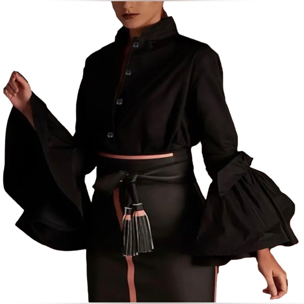 Plus Size Solid Button Front Blouse, Elegant Tied Ruffle Cuff Blouse